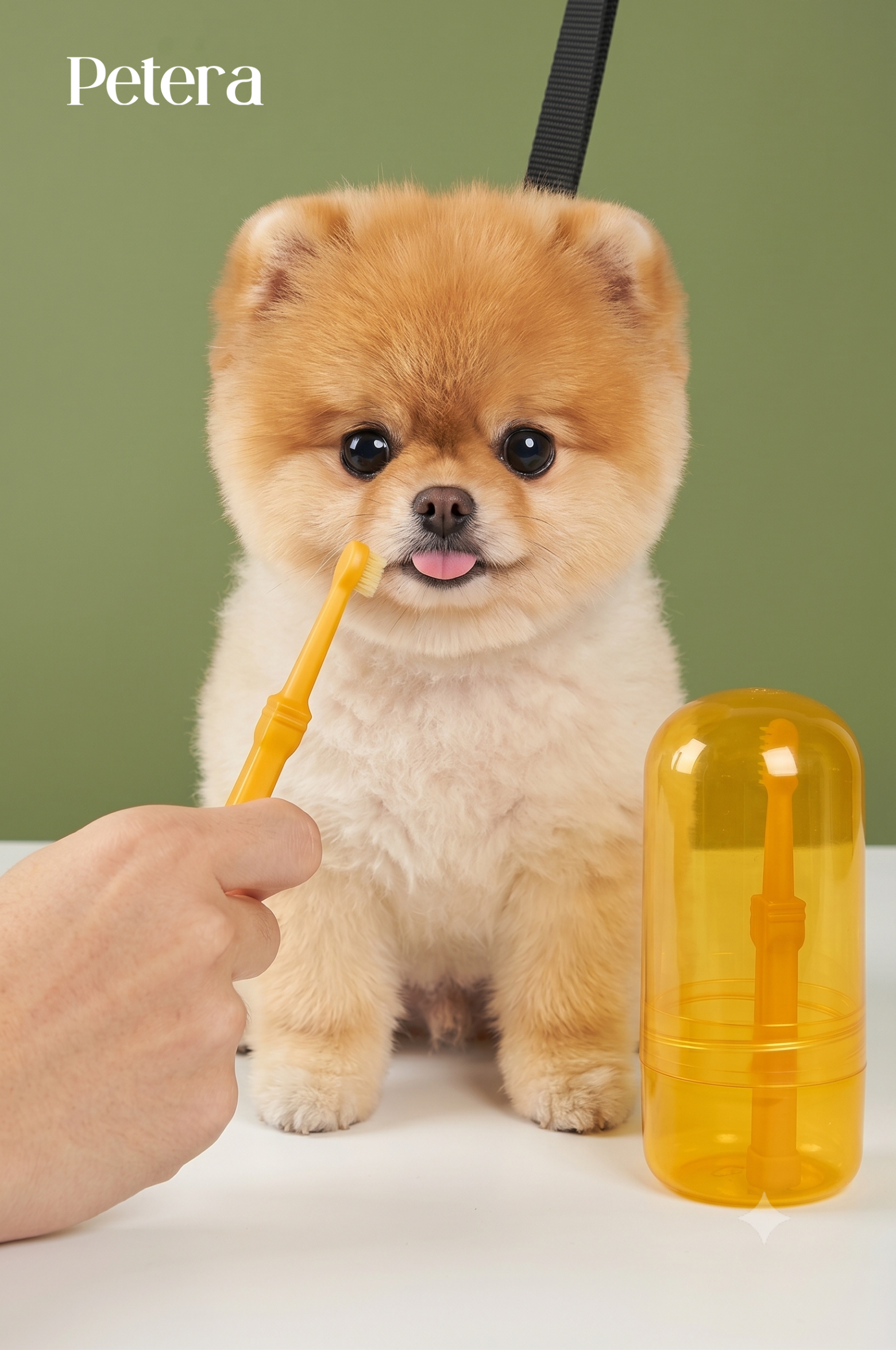 Small dog with a yellow cup and straw on a green background