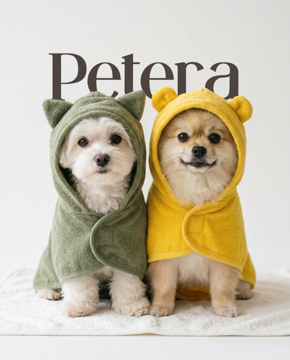 Two dogs wearing green and yellow hooded outfits on a white background with 'Petera' text.